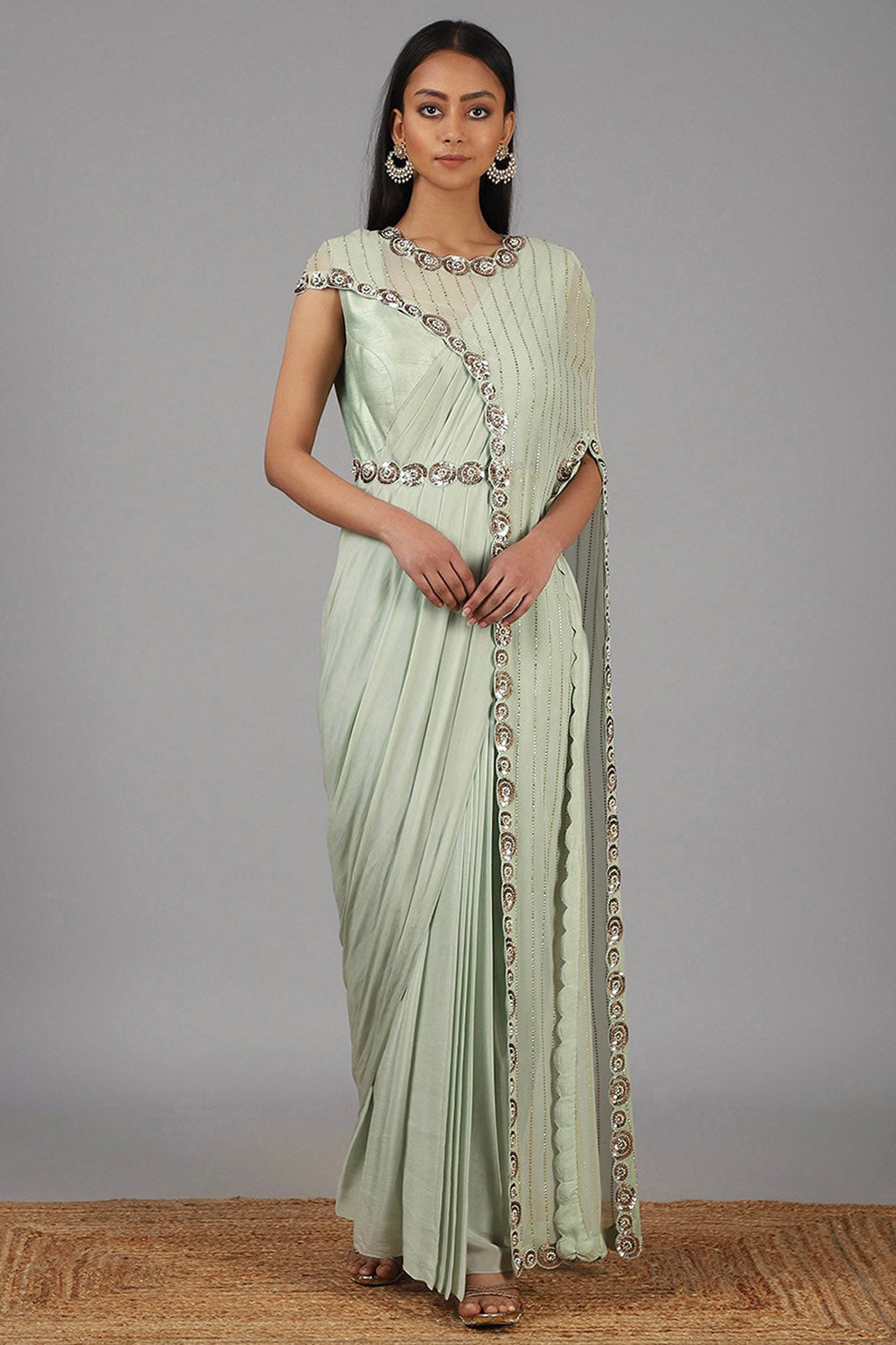 Embroidered Muted Green Saree Gown Set - Auraya Fashion - Nidhika Shekhar - #tag1# - #tag2# - #tag3# - #tag3#