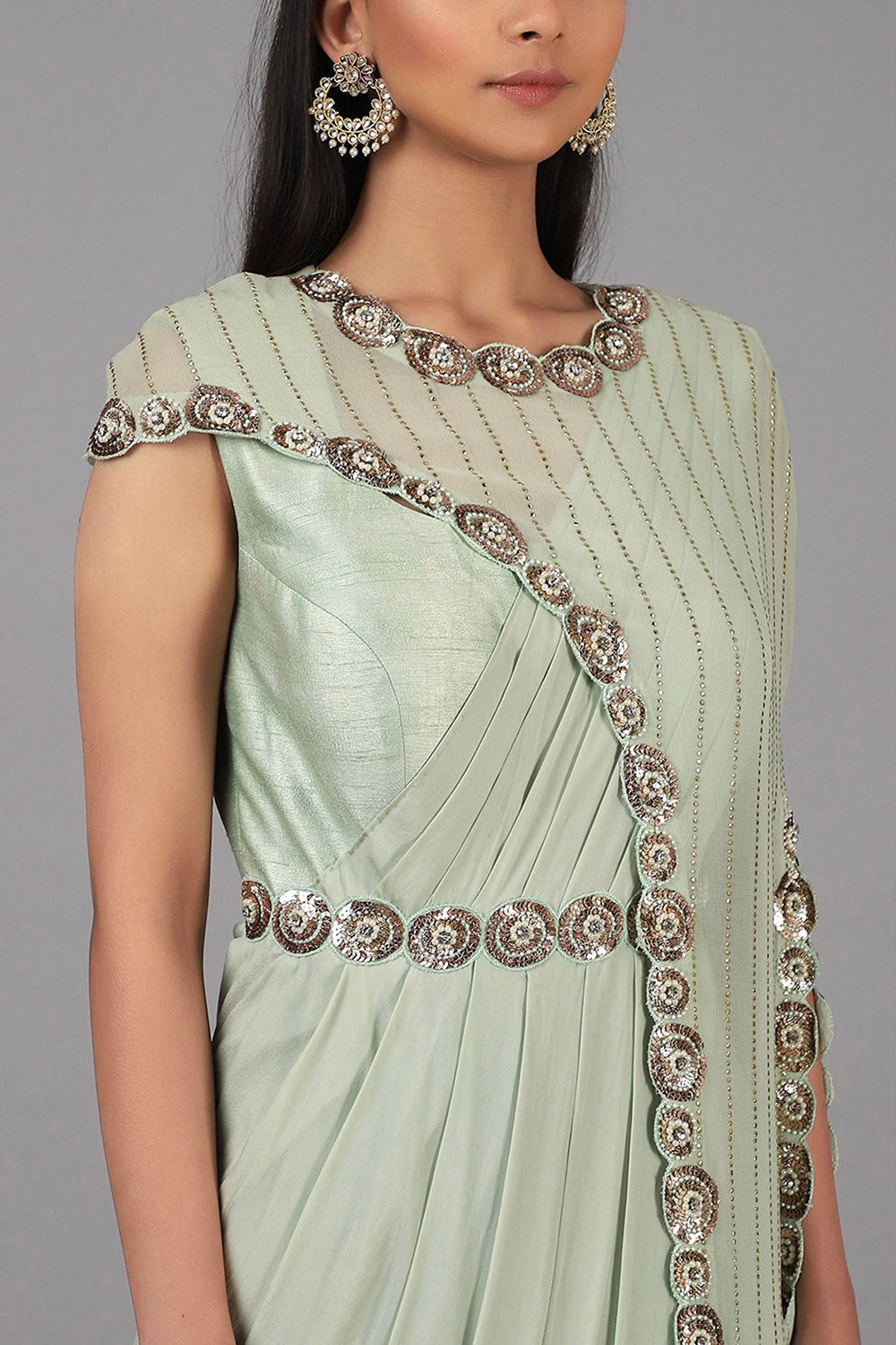 Embroidered Muted Green Saree Gown Set - Auraya Fashion -  - #tag1# - #tag2# - #tag3# - #tag3#