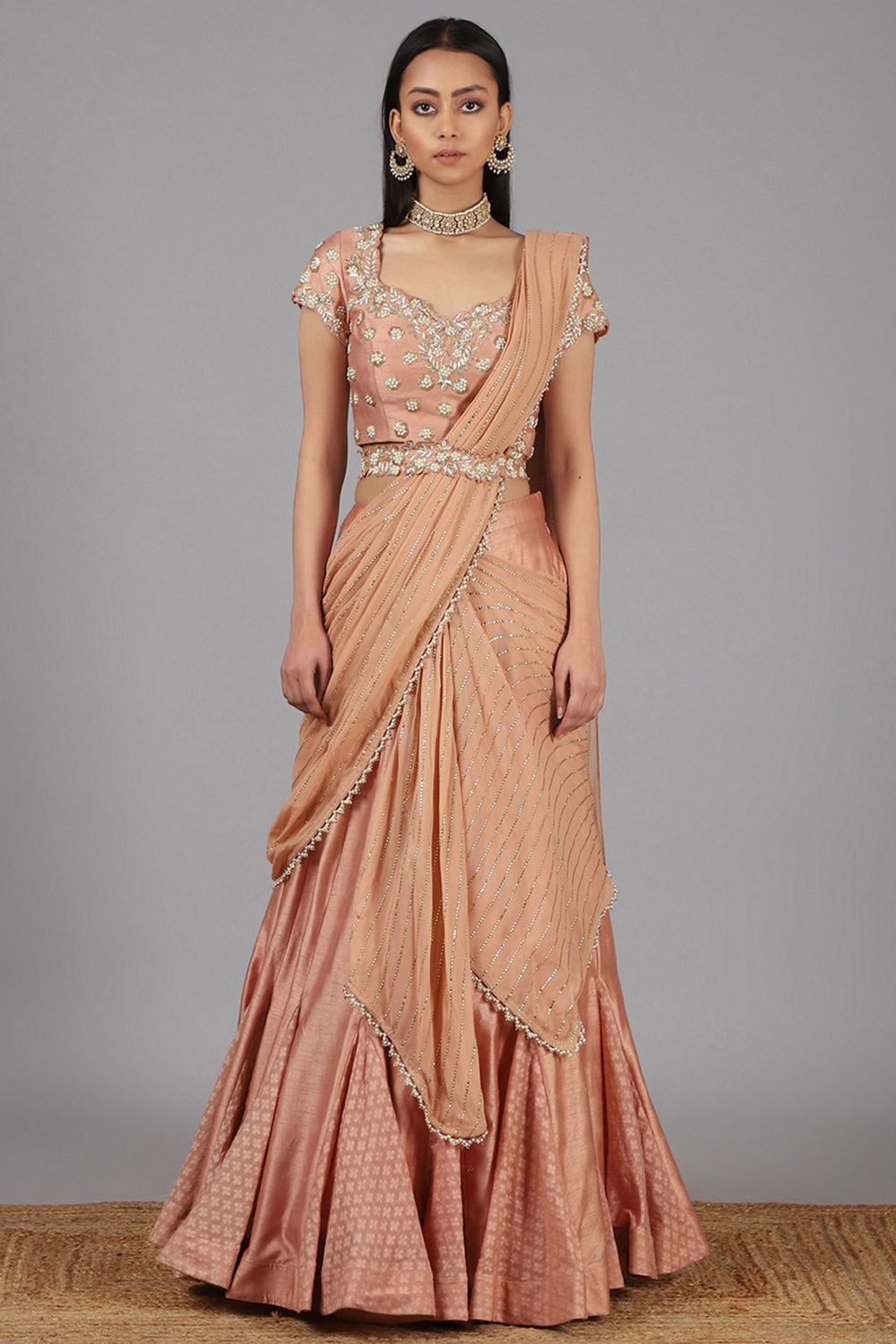 Embroidered Peach Lehenga Set - Auraya Fashion - Nidhika Shekhar - #tag1# - #tag2# - #tag3# - #tag3#