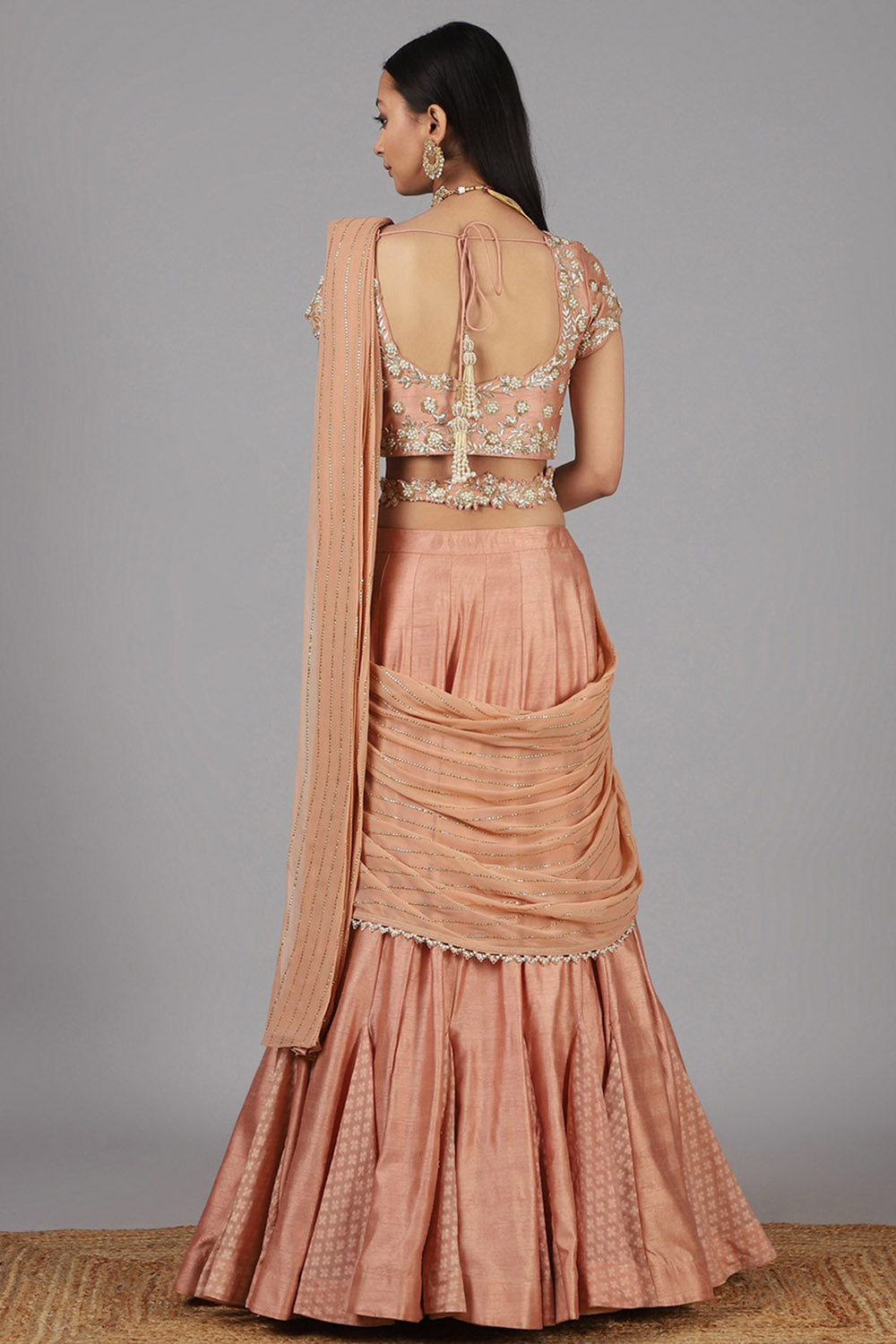 Embroidered Peach Lehenga Set - Auraya Fashion -  - #tag1# - #tag2# - #tag3# - #tag3#