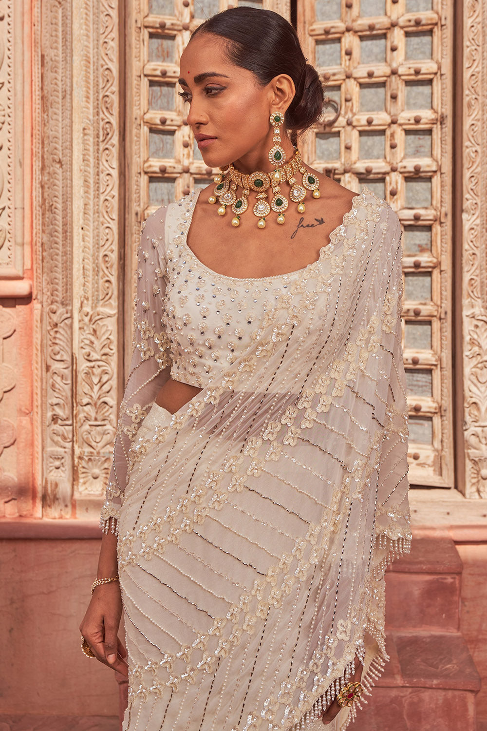 Sequins Ivory Georgette Embroidered Draped Lehenga Saree Set - Auraya Fashion -  - #tag1# - #tag2# - #tag3# - #tag3#