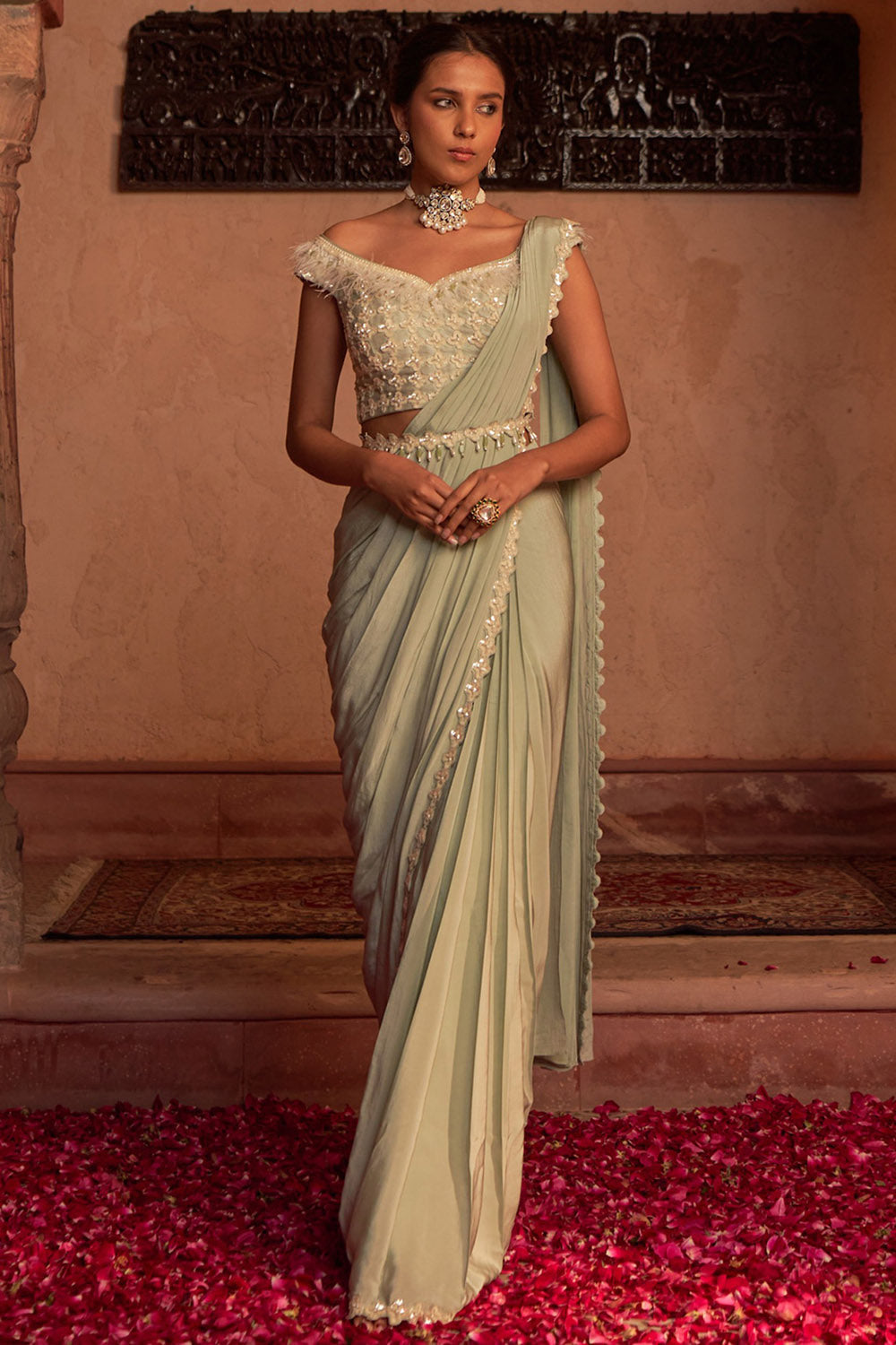 Crepe Sap Green Embroidered Draped Saree Set - Auraya Fashion -  - #tag1# - #tag2# - #tag3# - #tag3#