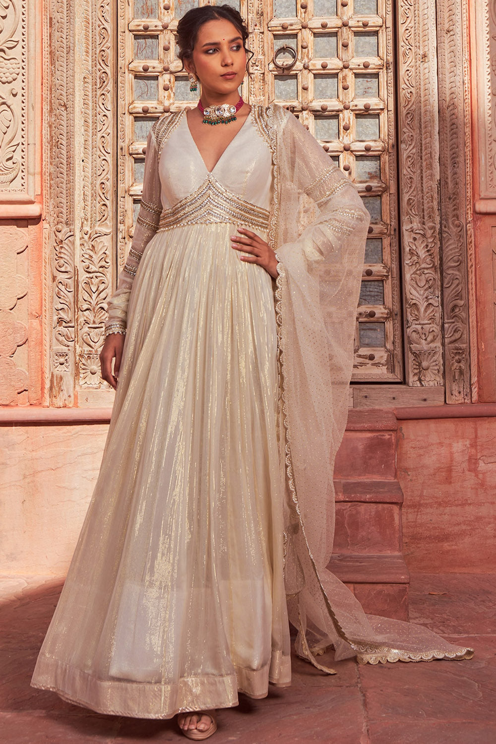 Georgette Ivory & Yellow Hand Embroidered Anarkali Set - Auraya Fashion - Nidhika Shekhar - #tag1# - #tag2# - #tag3# - #tag3#
