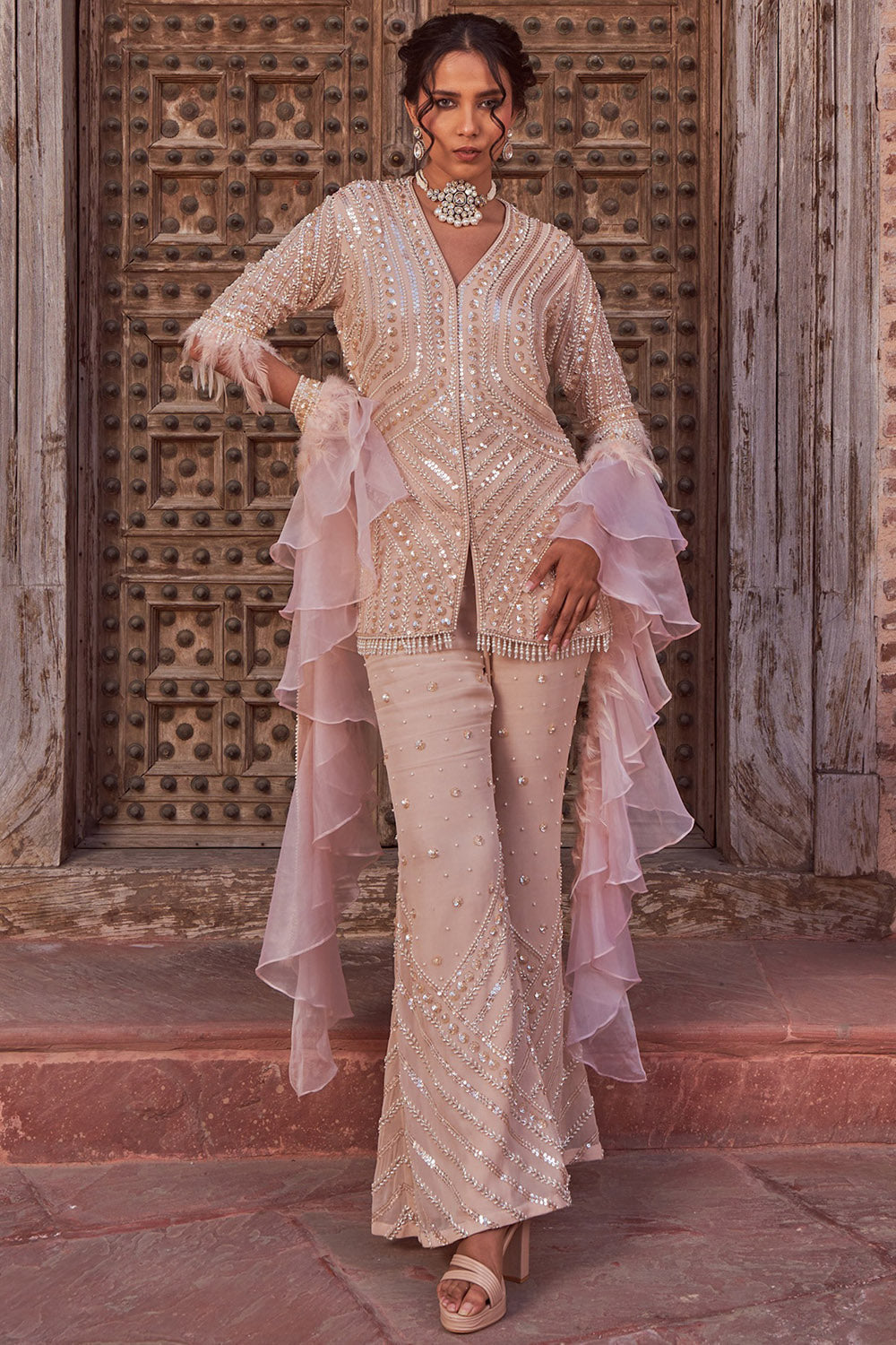 Georgette Champagne Embroidered Sharara Set - Auraya Fashion - Nidhika Shekhar - #tag1# - #tag2# - #tag3# - #tag3#