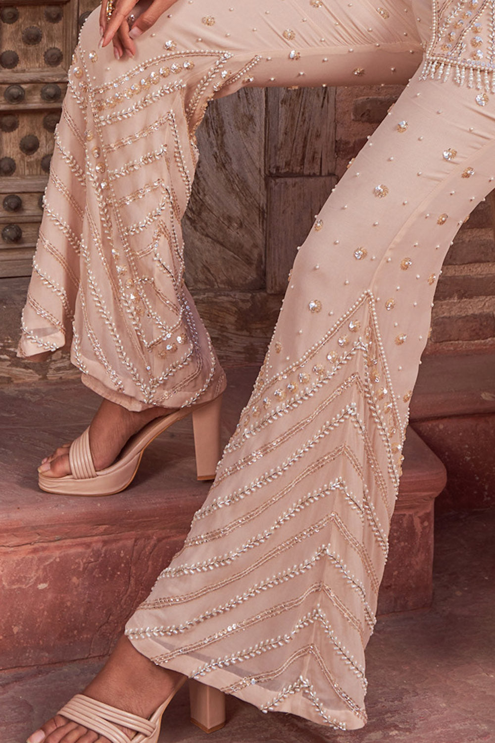 Georgette Champagne Embroidered Sharara Set - Auraya Fashion -  - #tag1# - #tag2# - #tag3# - #tag3#