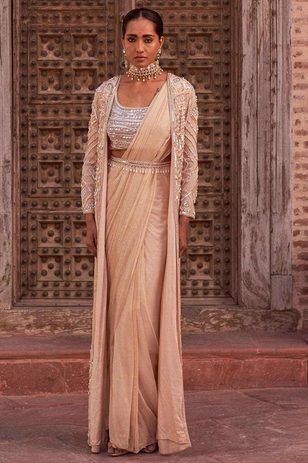 Crepe & Georgette Champagne Embroidered Jacket Saree Set - Auraya Fashion - Nidhika Shekhar - #tag1# - #tag2# - #tag3# - #tag3#