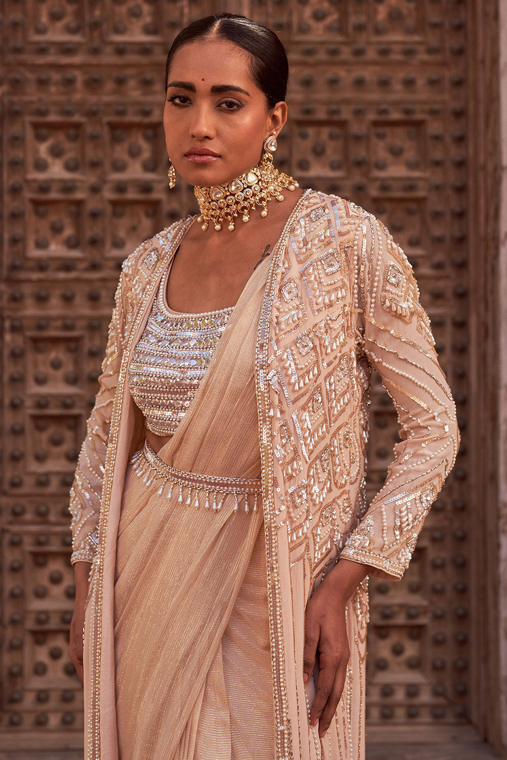 Crepe & Georgette Champagne Embroidered Jacket Saree Set - Auraya Fashion -  - #tag1# - #tag2# - #tag3# - #tag3#