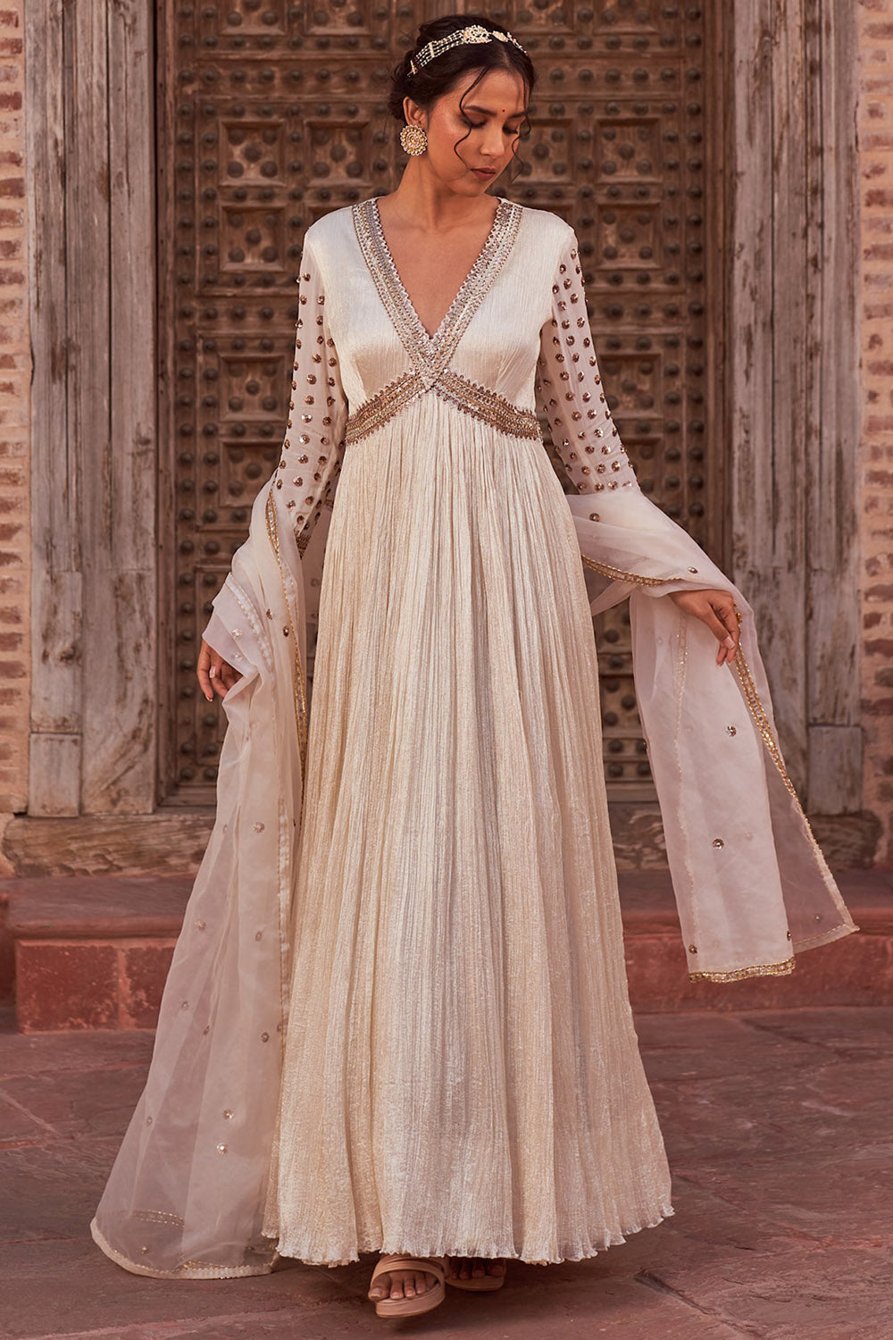 Crinkle Silk Ivory Embroidered Anarkali Set - Auraya Fashion - Nidhika Shekhar - #tag1# - #tag2# - #tag3# - #tag3#