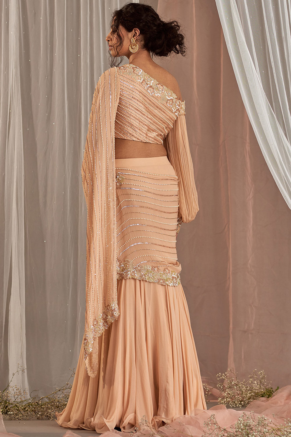 Hand Embroidered Salmon Pink Fish Cut Saree Set - Auraya Fashion -  - #tag1# - #tag2# - #tag3# - #tag3#