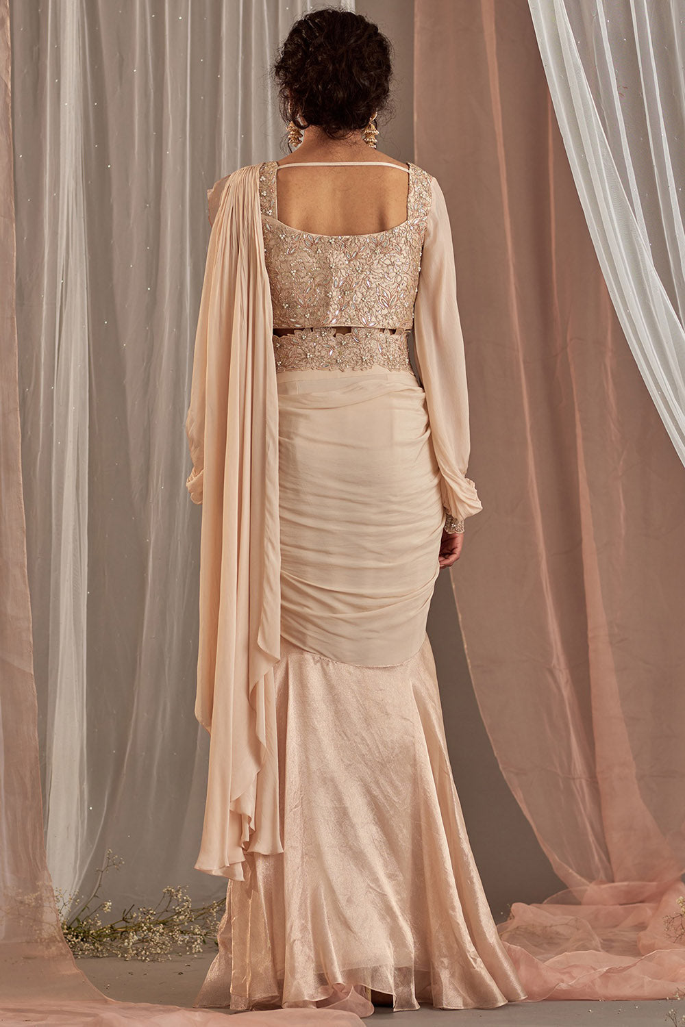 Machine Embroidered Rose Champagne Ruffled Draped Saree Set - Auraya Fashion -  - #tag1# - #tag2# - #tag3# - #tag3#