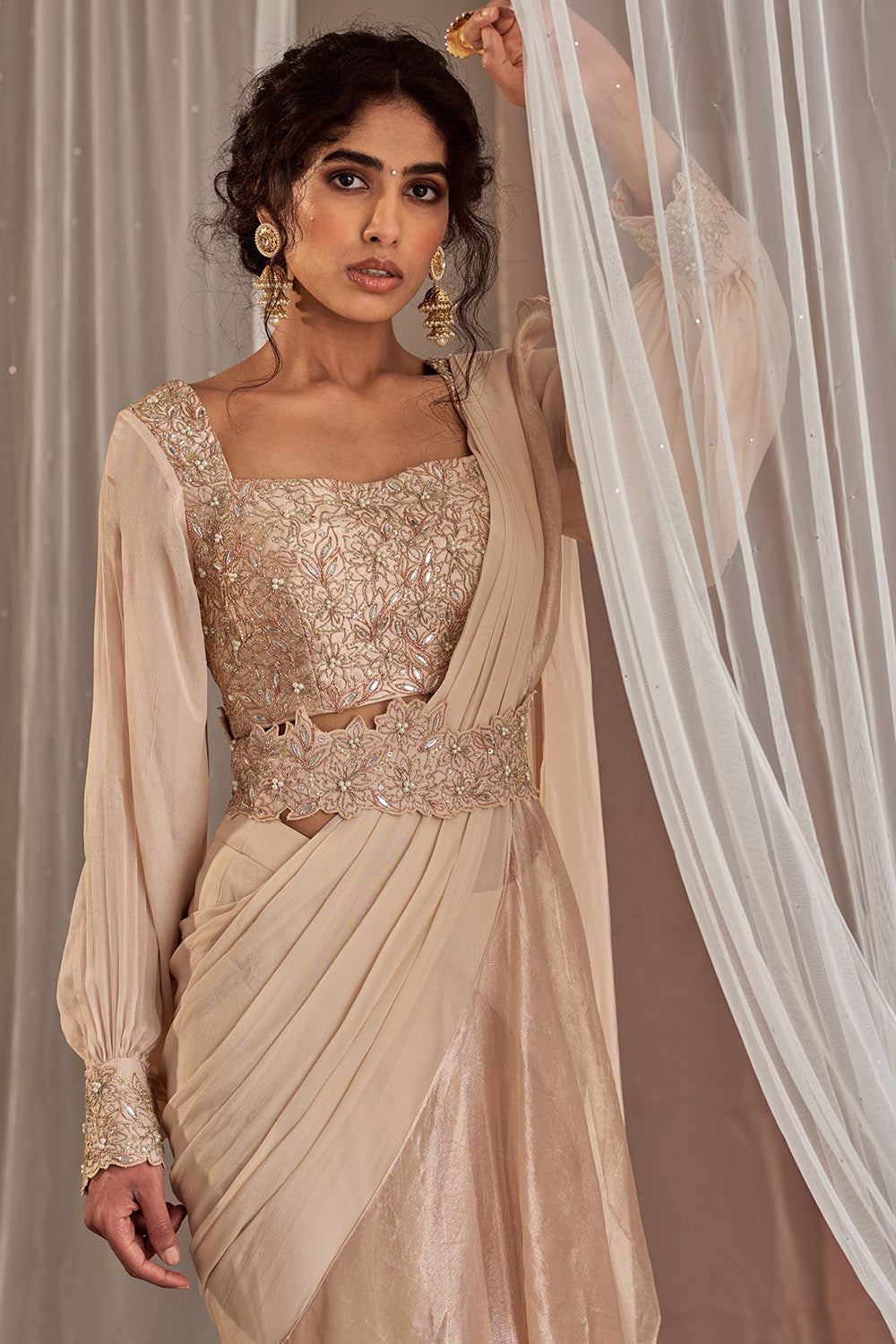 Machine Embroidered Rose Champagne Ruffled Draped Saree Set - Auraya Fashion -  - #tag1# - #tag2# - #tag3# - #tag3#