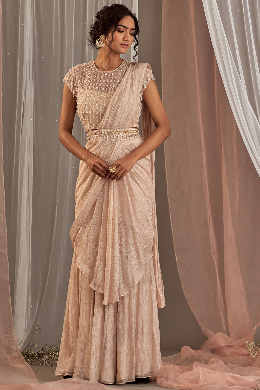 Hand Embroidered Rose Champagne Draped Saree Set - Auraya Fashion - Nidhika Shekhar - #tag1# - #tag2# - #tag3# - #tag3#