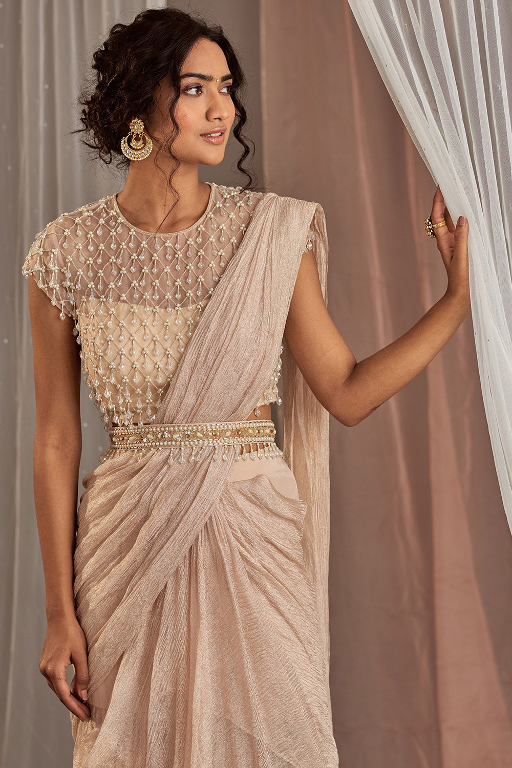 Hand Embroidered Rose Champagne Draped Saree Set - Auraya Fashion -  - #tag1# - #tag2# - #tag3# - #tag3#