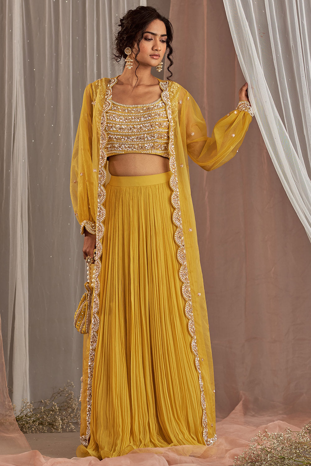 Crinckle Georgette Yellow Lehenga Set - Auraya Fashion - Nidhika Shekhar - #tag1# - #tag2# - #tag3# - #tag3#