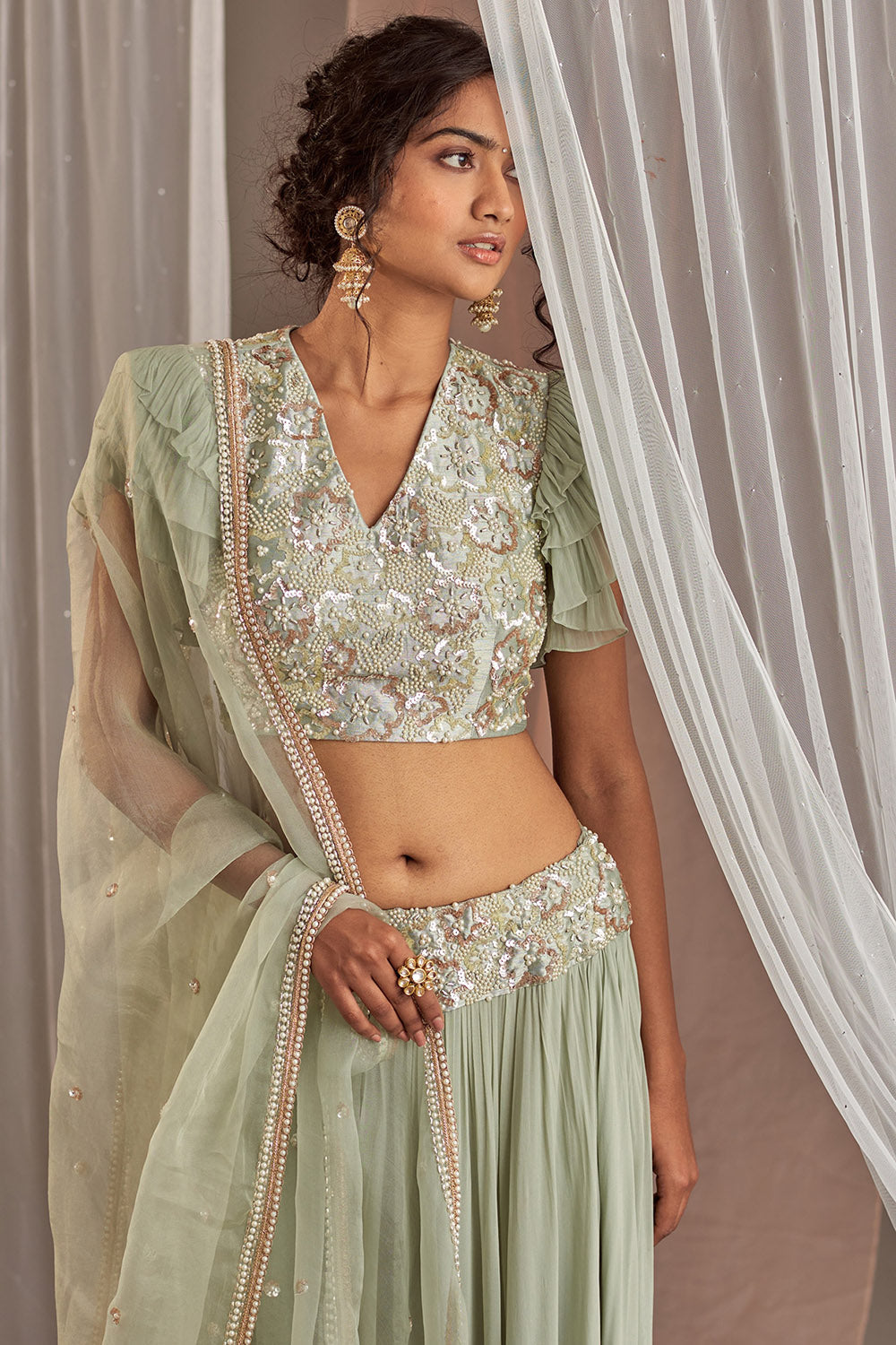 Hand Embroidered Dull Green Lehenga Set - Auraya Fashion -  - #tag1# - #tag2# - #tag3# - #tag3#