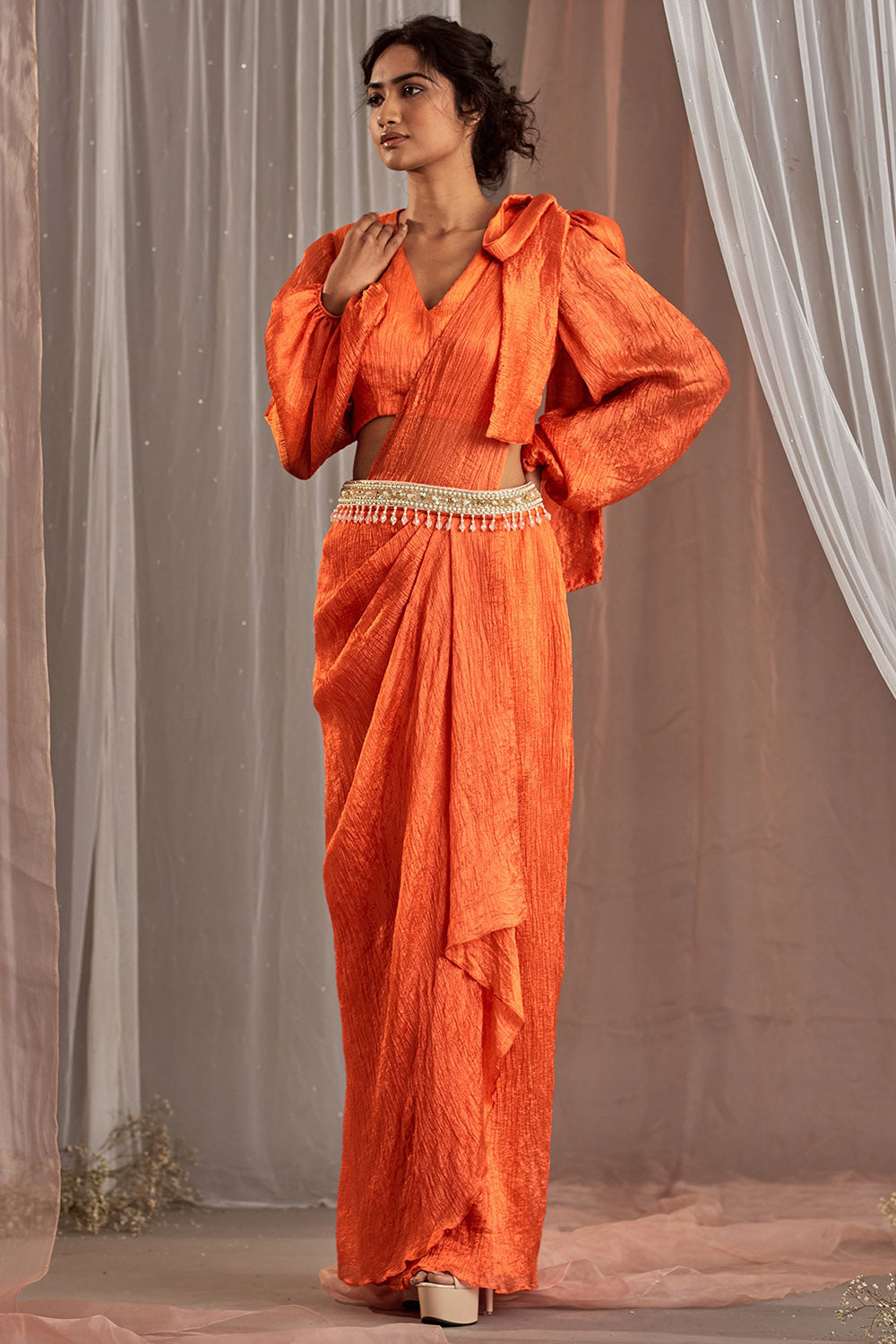 Crinkle Silk Orange Draped Skirt Set - Auraya Fashion - Nidhika Shekhar - #tag1# - #tag2# - #tag3# - #tag3#