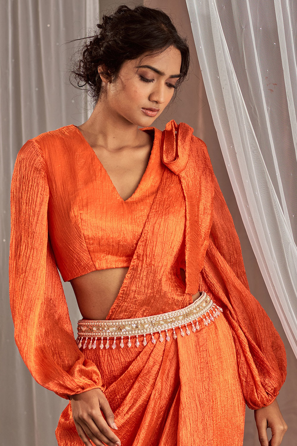 Crinkle Silk Orange Draped Skirt Set - Auraya Fashion -  - #tag1# - #tag2# - #tag3# - #tag3#