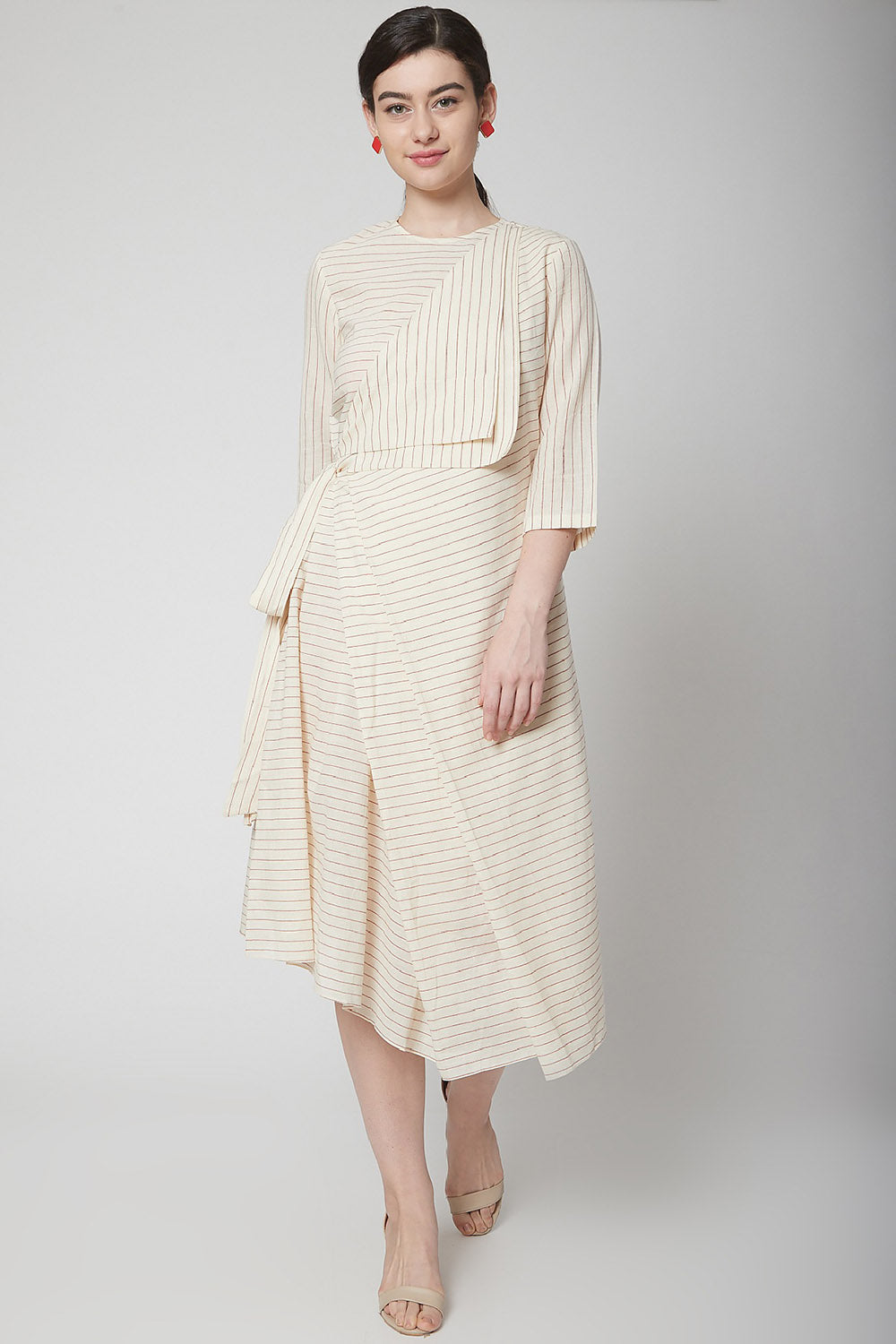 Draped Beige Dress With Stripes - Auraya Fashion - Nidhika Shekhar - #tag1# - #tag2# - #tag3# - #tag3#
