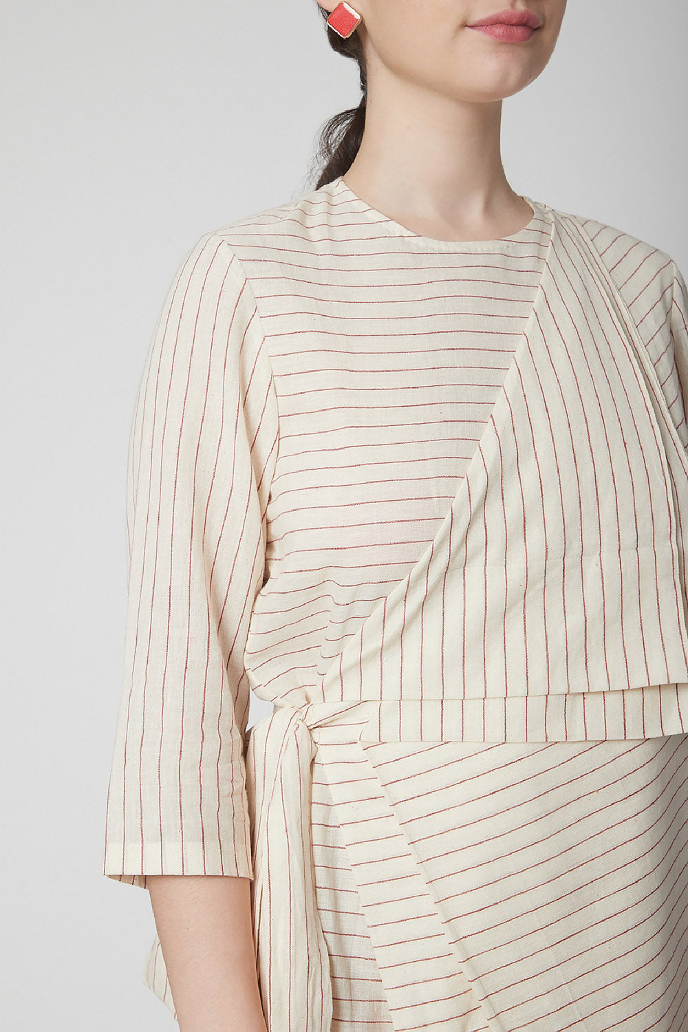 Draped Beige Dress With Stripes - Auraya Fashion -  - #tag1# - #tag2# - #tag3# - #tag3#