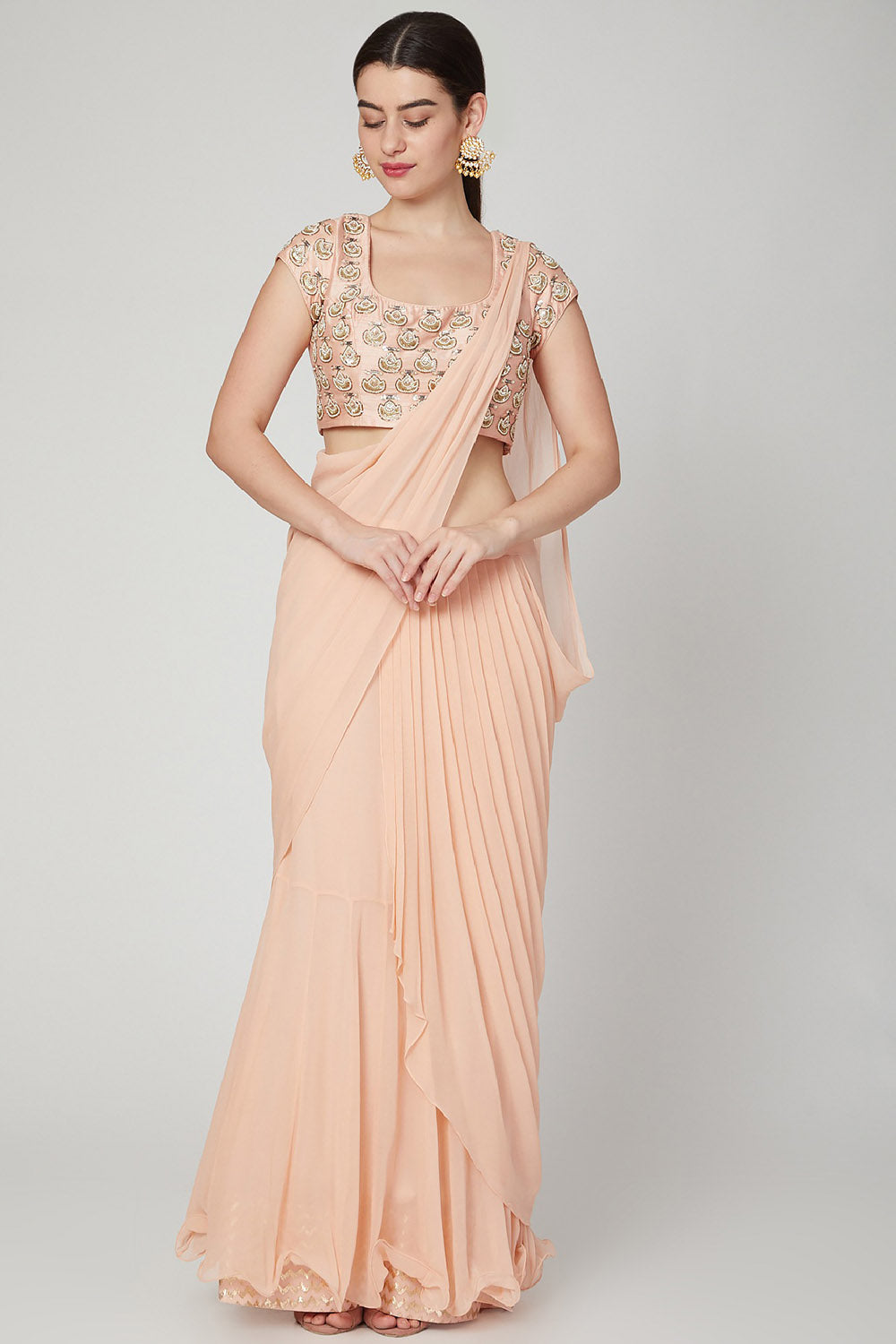 Embroidered Peach Pre-Stitched Saree Set - Auraya Fashion - Nidhika Shekhar - #tag1# - #tag2# - #tag3# - #tag3#