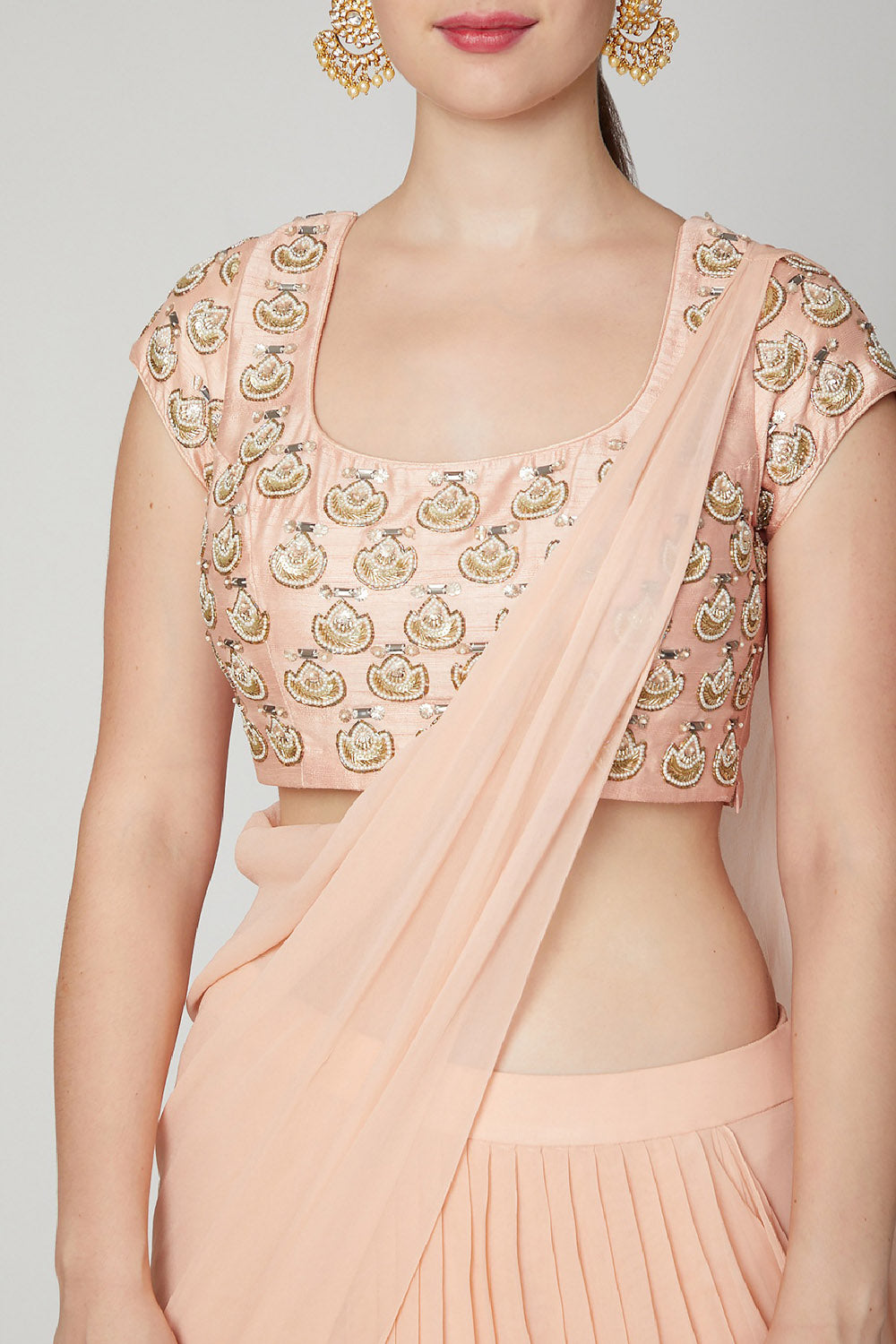 Embroidered Peach Pre-Stitched Saree Set - Auraya Fashion -  - #tag1# - #tag2# - #tag3# - #tag3#