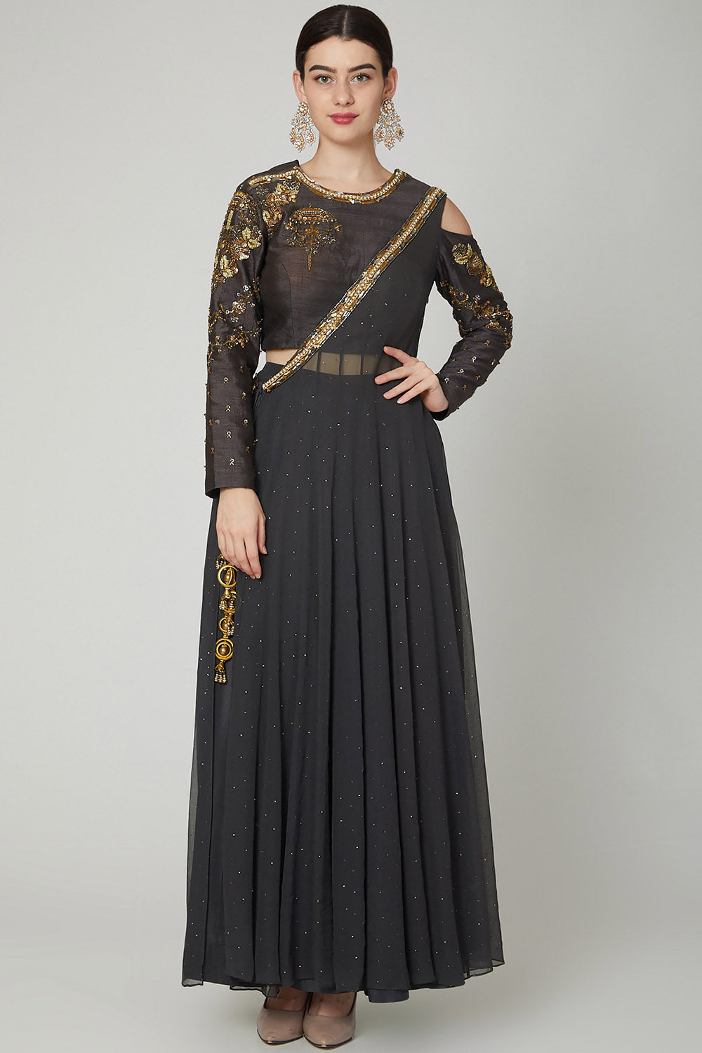 Embroidered Dark Grey Angrakha Kurta Set - Auraya Fashion - Nidhika Shekhar - #tag1# - #tag2# - #tag3# - #tag3#