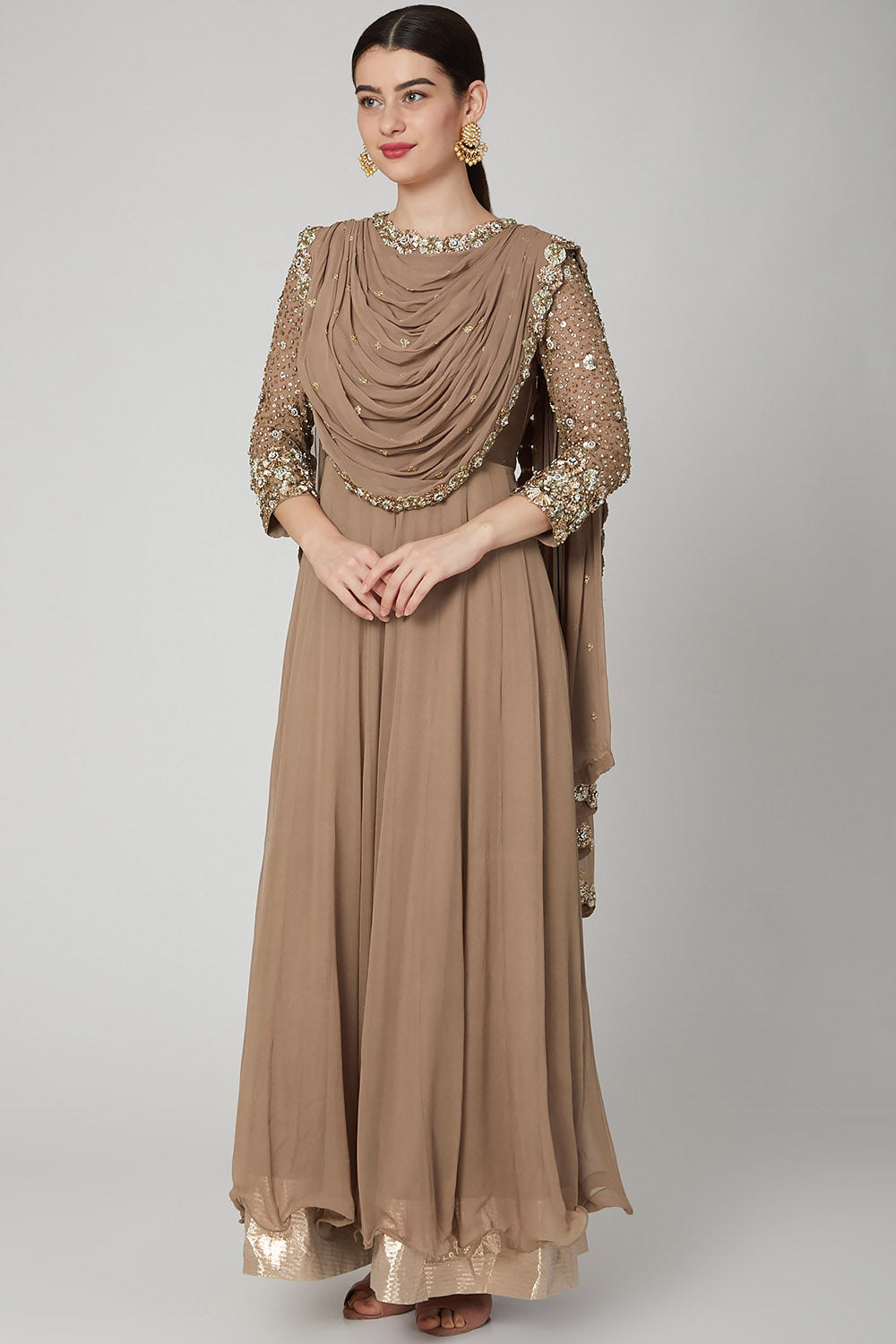 Embroidered Nude Draped Anarkali - Auraya Fashion - Nidhika Shekhar - #tag1# - #tag2# - #tag3# - #tag3#