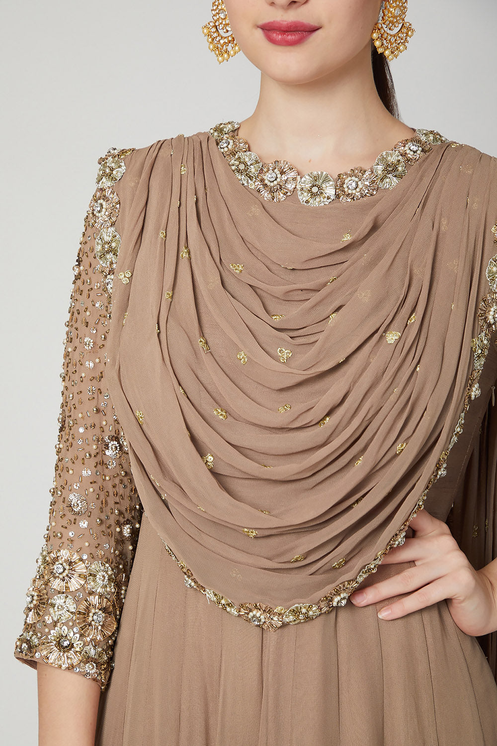 Embroidered Nude Draped Anarkali - Auraya Fashion -  - #tag1# - #tag2# - #tag3# - #tag3#