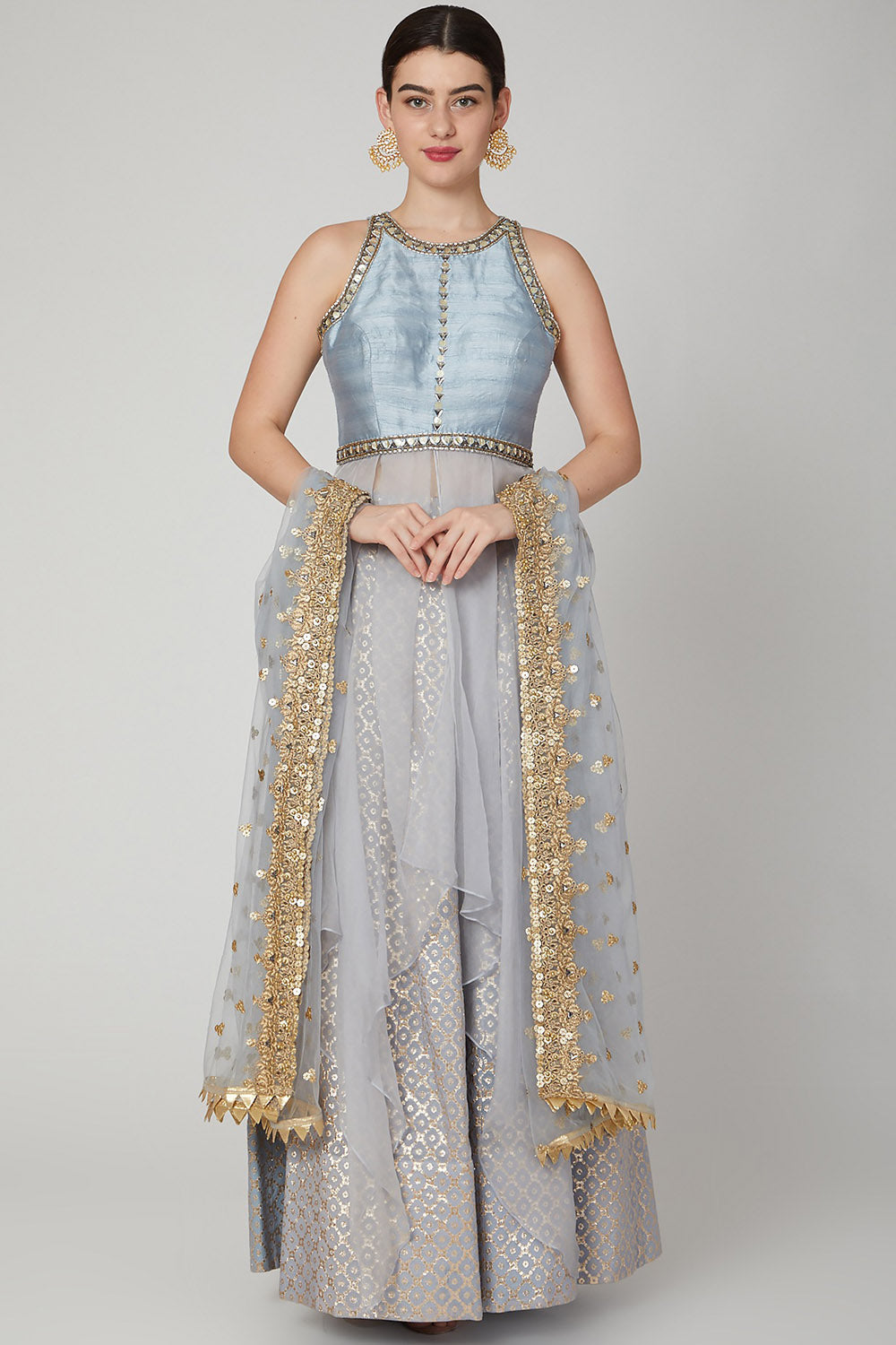 Embroidered Sky Blue Draped Lehenga Set - Auraya Fashion - Nidhika Shekhar - #tag1# - #tag2# - #tag3# - #tag3#