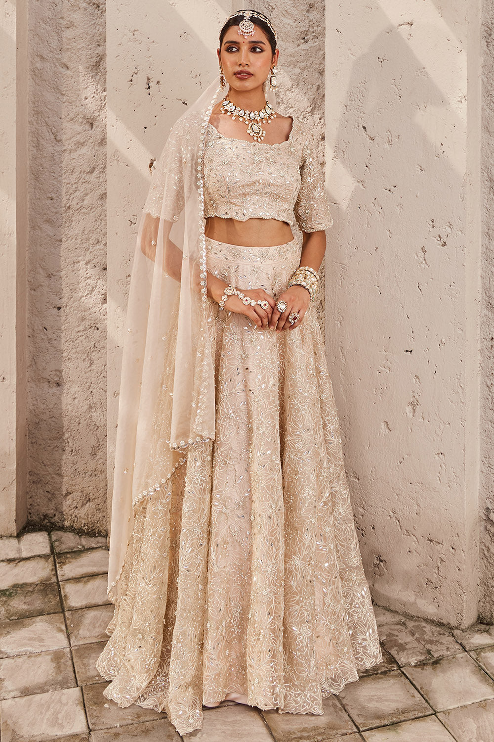 Satin & Organza Champagne Embroidered Lehenga Set - Auraya Fashion - Nidhika Shekhar - #tag1# - #tag2# - #tag3# - #tag3#