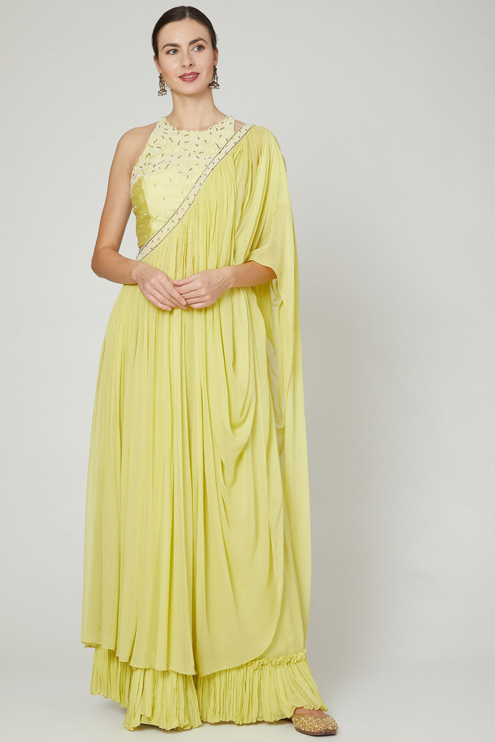 Embroidered Lime Yellow Draped Saree Set - Auraya Fashion - Nidhika Shekhar - #tag1# - #tag2# - #tag3# - #tag3#