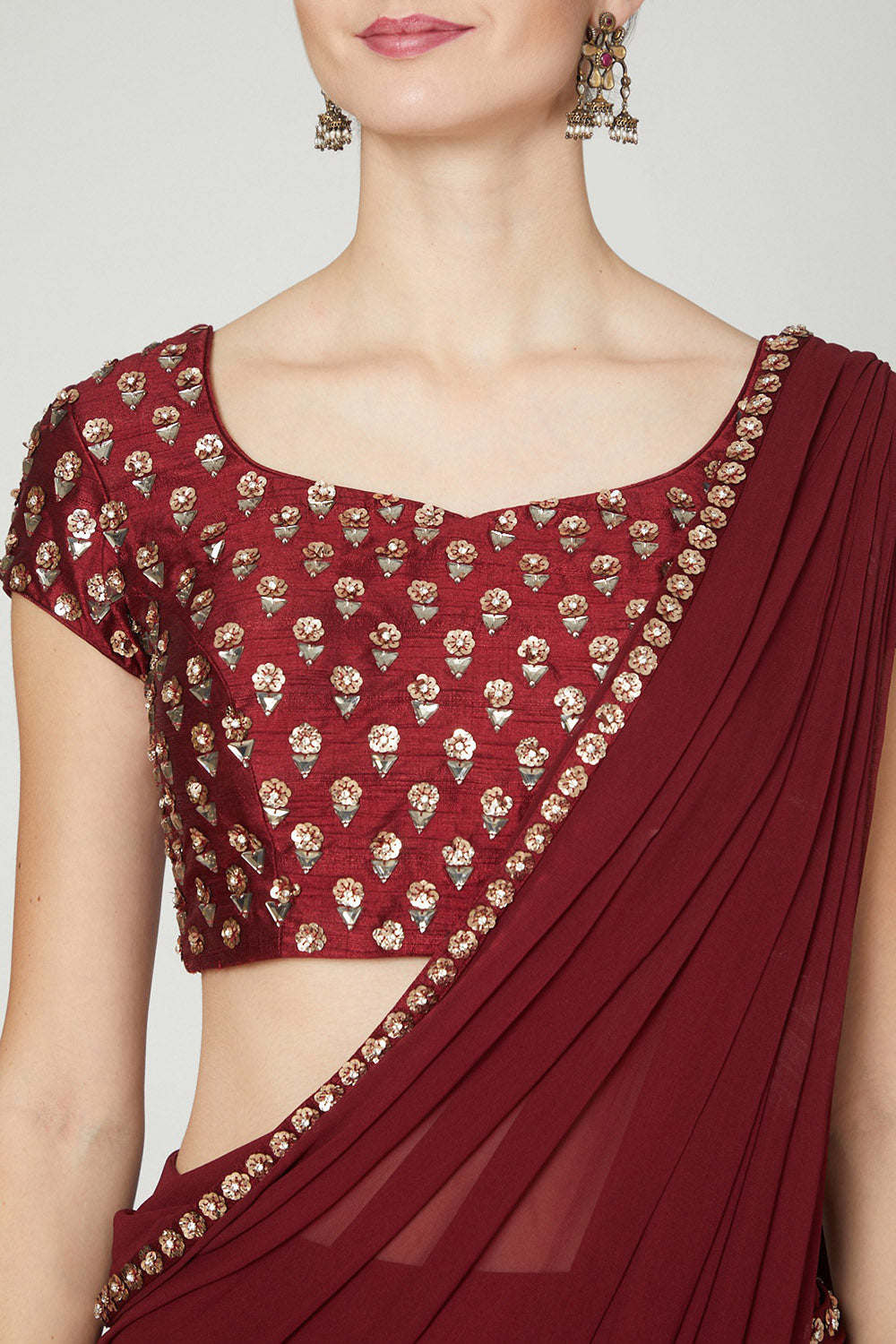 Ruffled Maroon & Draped Saree Set - Auraya Fashion -  - #tag1# - #tag2# - #tag3# - #tag3#