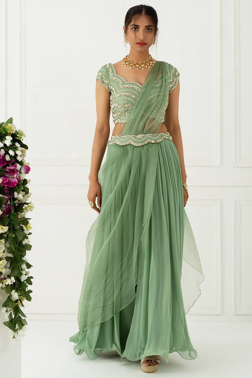 Crinkled Green Sharara Set - Auraya Fashion - Nidhika Shekhar - #tag1# - #tag2# - #tag3# - #tag3#