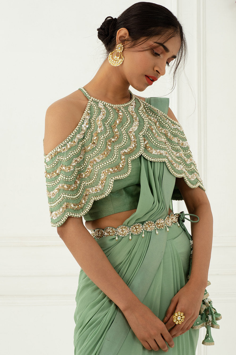 Draped Olive Green Saree Set - Auraya Fashion -  - #tag1# - #tag2# - #tag3# - #tag3#
