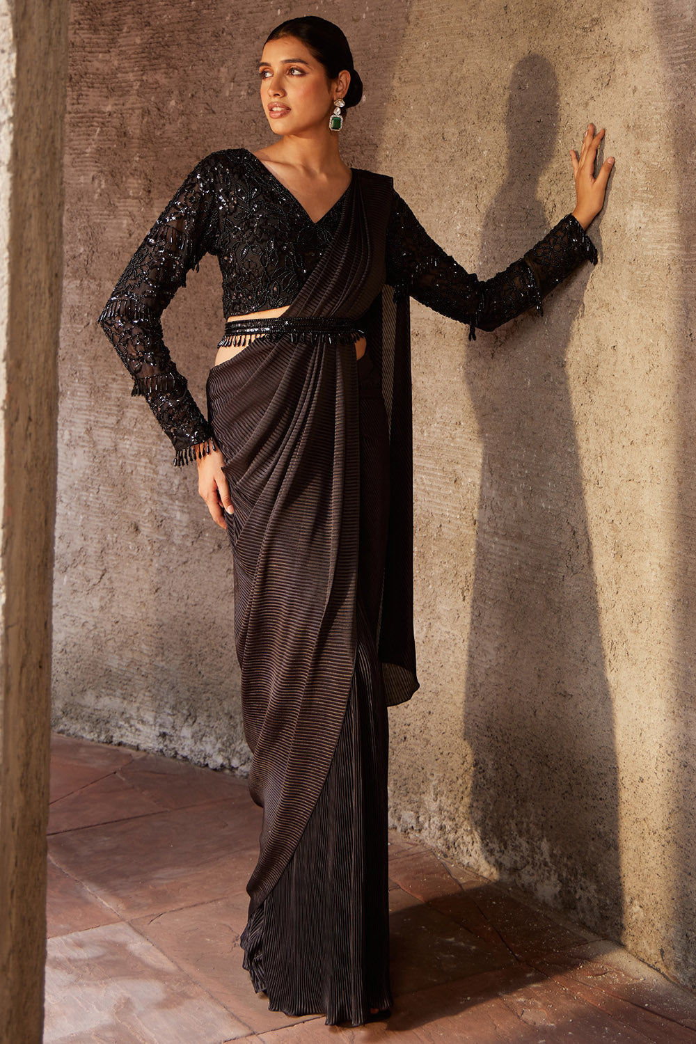Pleated Black Draped Embroidered Saree Set - Auraya Fashion - Nidhika Shekhar - #tag1# - #tag2# - #tag3# - #tag3#