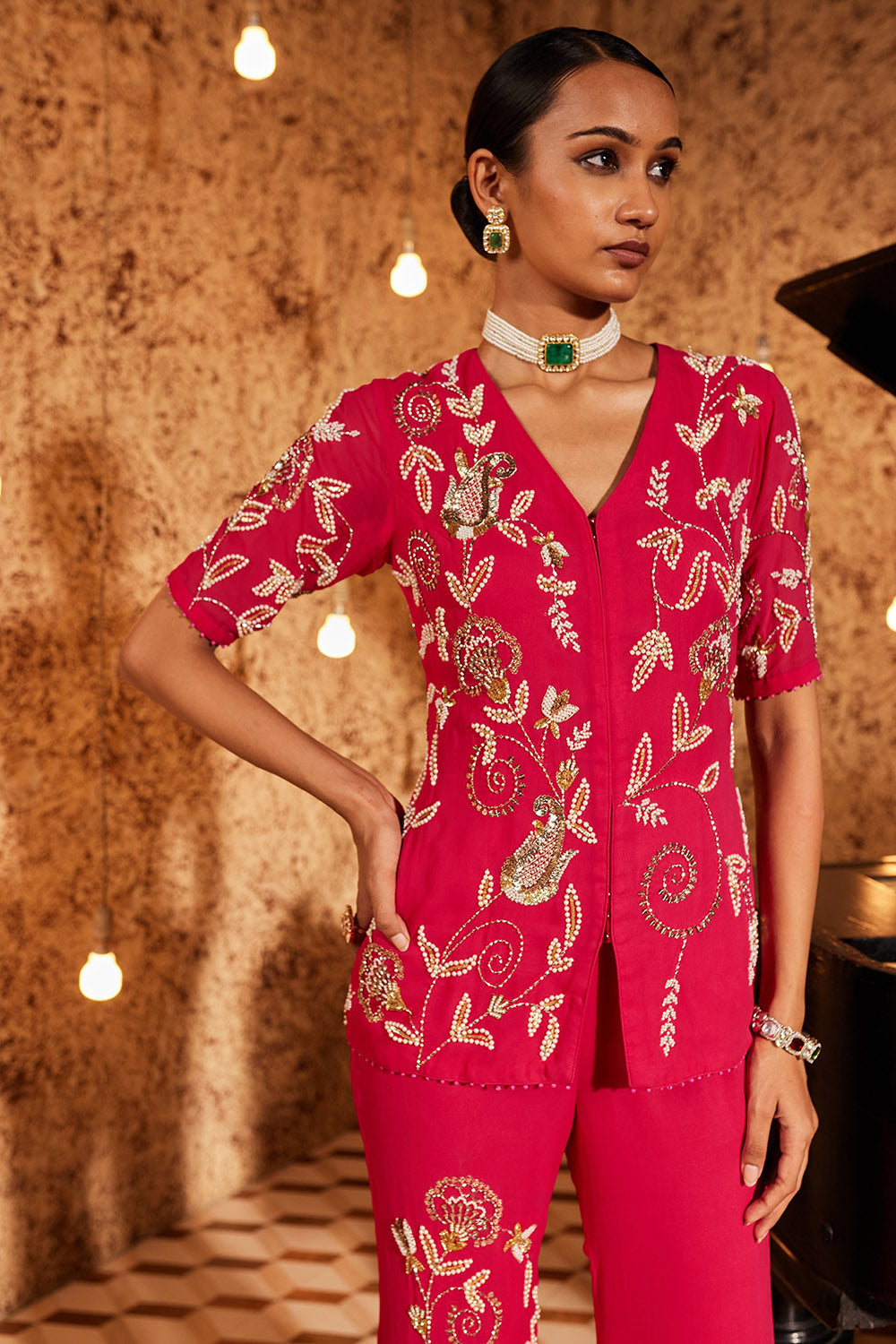 Georgette Floral Hot Pink Embroidered Jacket Set - Auraya Fashion -  - #tag1# - #tag2# - #tag3# - #tag3#