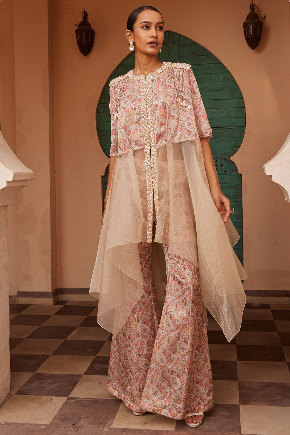 Modal Beige Asymmetric Draped Kurta Set - Auraya Fashion - Nidhika Shekhar - #tag1# - #tag2# - #tag3# - #tag3#