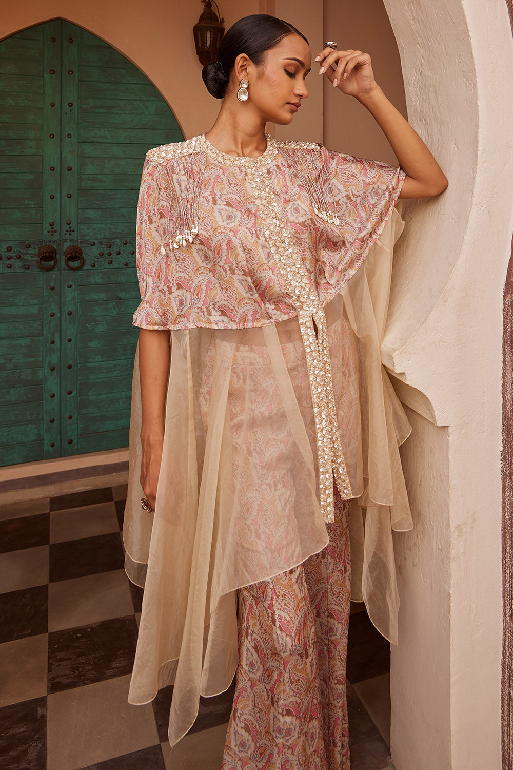 Modal Beige Asymmetric Draped Kurta Set - Auraya Fashion -  - #tag1# - #tag2# - #tag3# - #tag3#