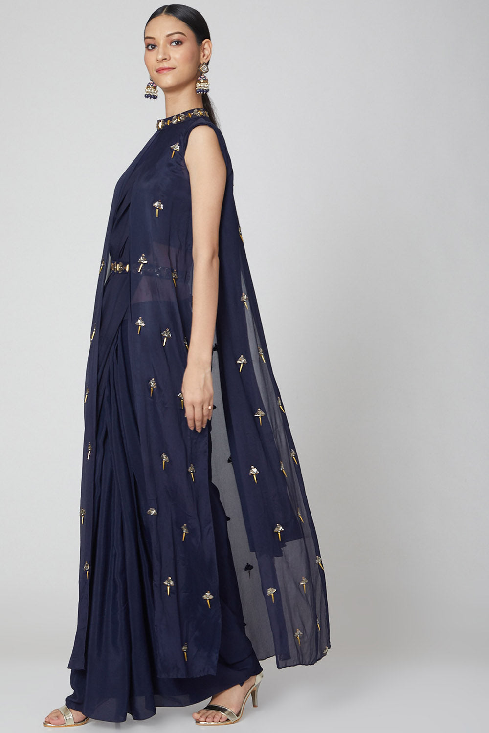 Navy Blue Pre-Stitched Draped Saree Set - Auraya Fashion -  - #tag1# - #tag2# - #tag3# - #tag3#