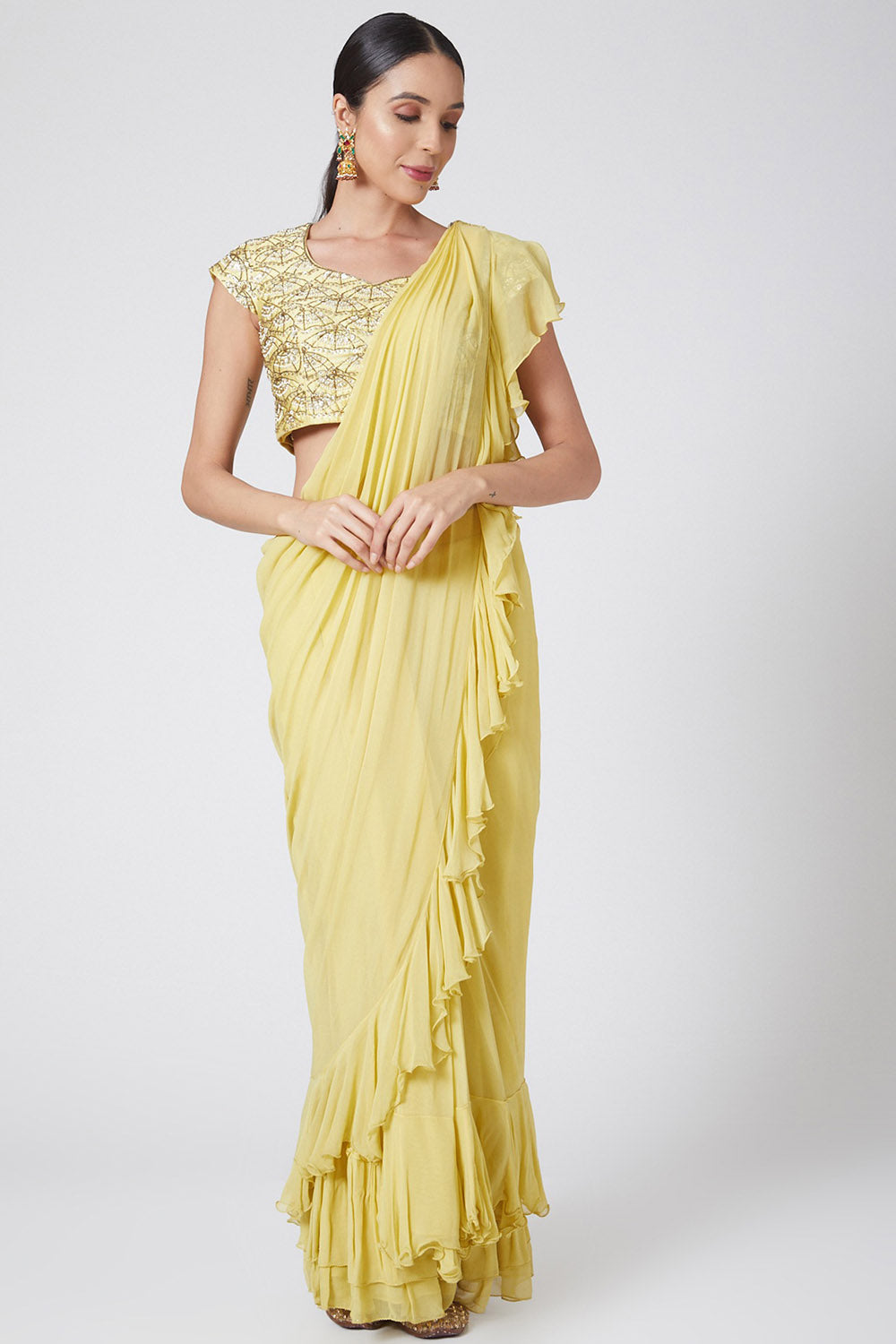 Ruffled Yellow Draped Saree With Embroidered Blouse - Auraya Fashion - Nidhika Shekhar - #tag1# - #tag2# - #tag3# - #tag3#