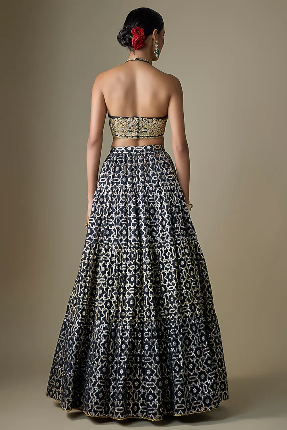 Black Banarasi Chanderi Geometric Printed Lehenga Set