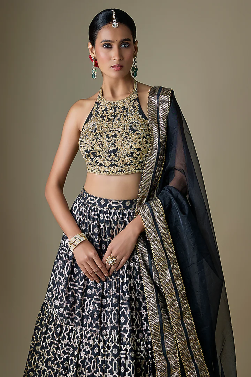 Black Banarasi Chanderi Geometric Printed Lehenga Set