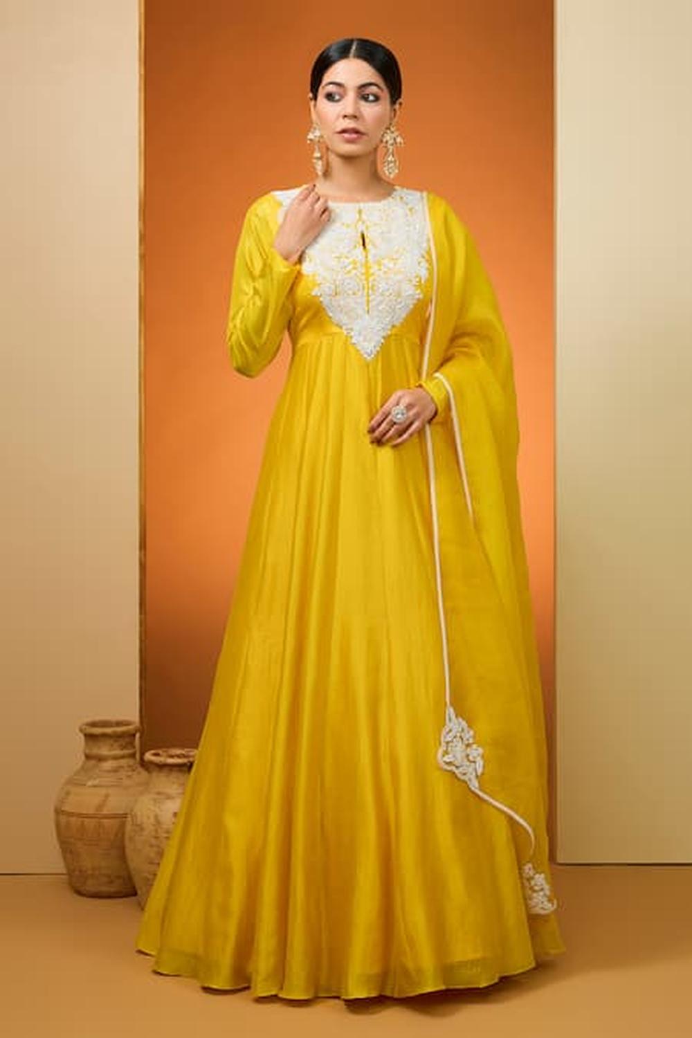 Yellow Silk Chanderi & Pure Silk Hand Embroidered Anarkali Set