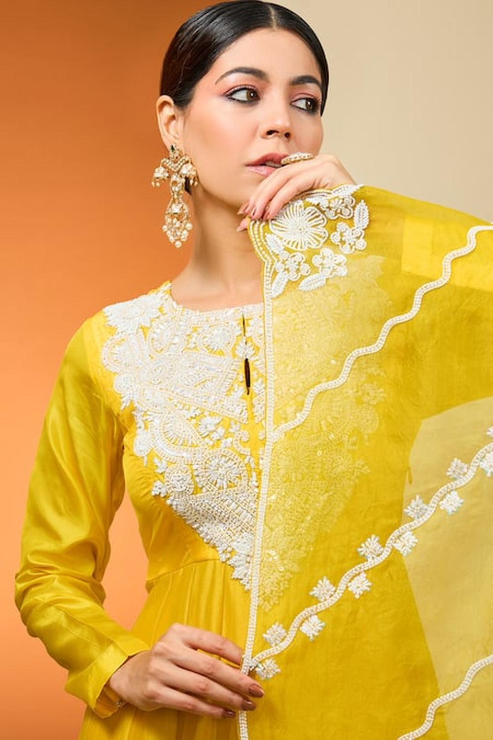 Yellow Silk Chanderi & Pure Silk Hand Embroidered Anarkali Set