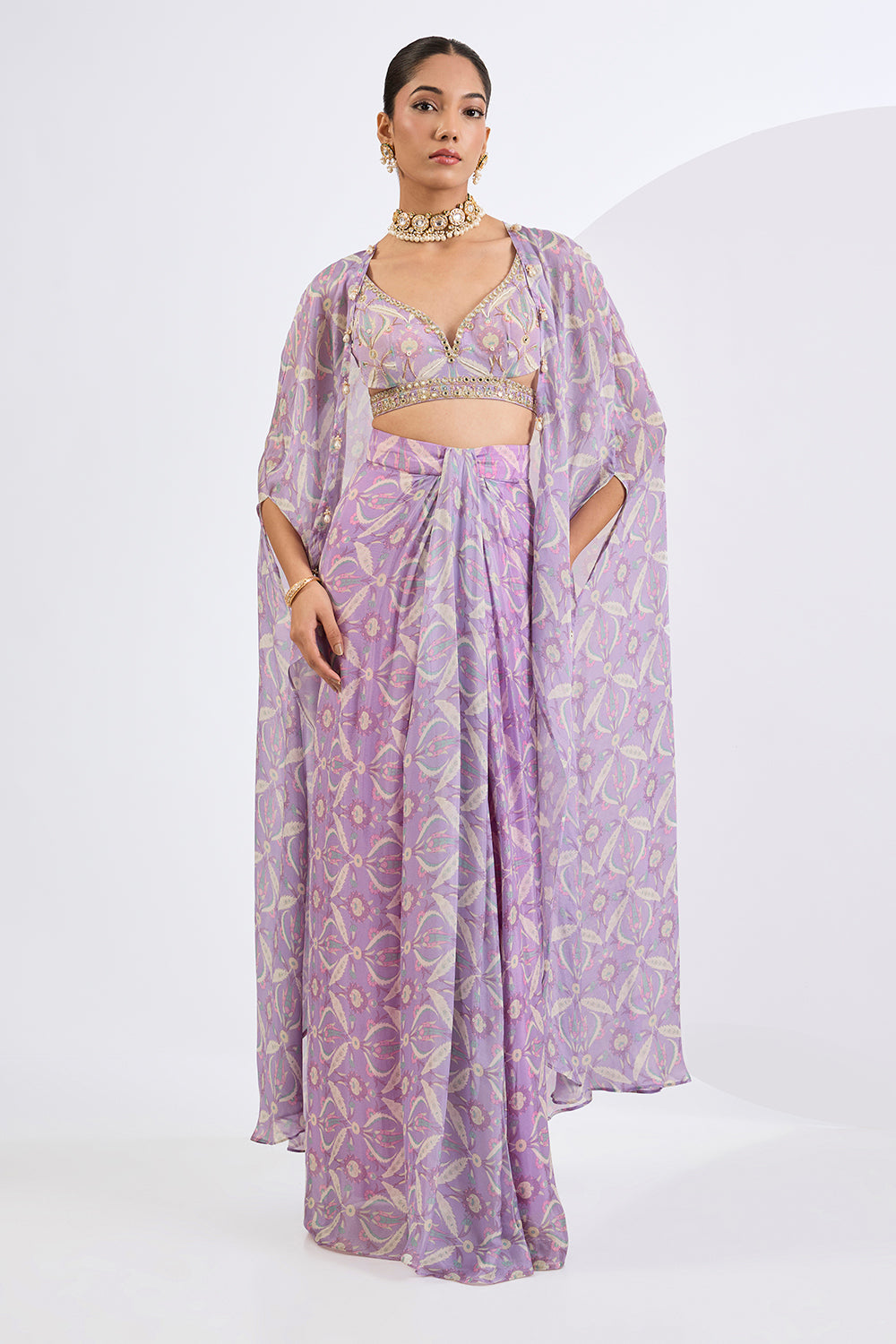 Lilac Printed Cape Skirt Set