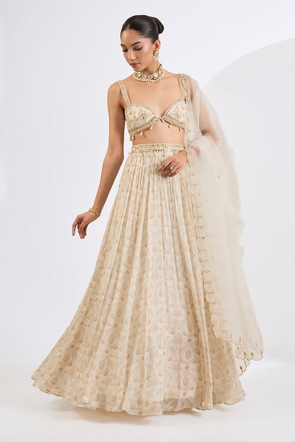 Printed Chinon Chiffon Ivory Lehenga Set with Pure Organza  Dupatta