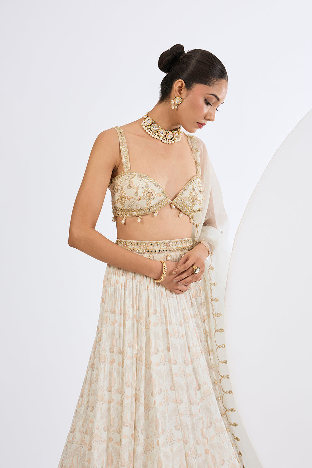 Printed Chinon Chiffon Ivory Lehenga Set with Pure Organza  Dupatta
