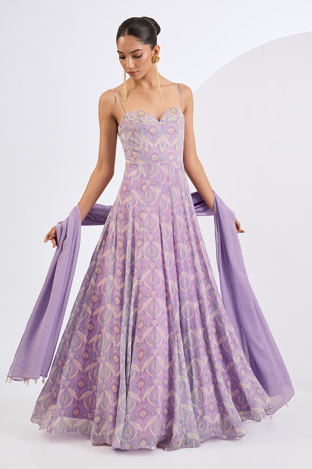 Printed Chinon Chiffon Ivory Lehenga Set with Viscose Chinon  Dupatta