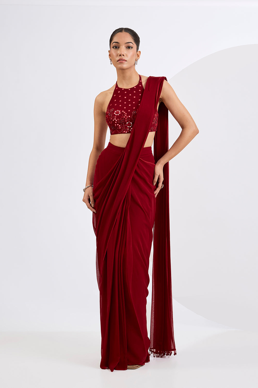 Pre Draped Saree Set with  Heavily Embellished Blouse