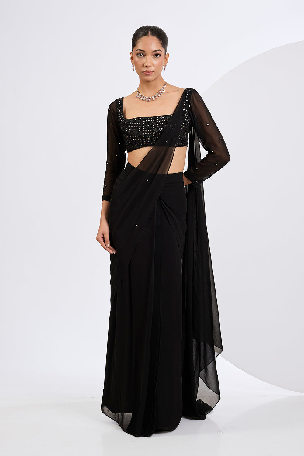 Pre Draped  Mirror Embellished  Saree with Embroidered Blouse